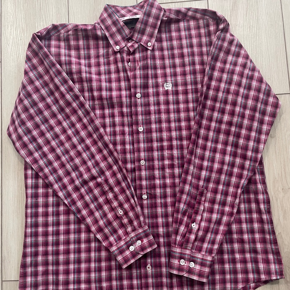 Mens Medium Plaid Cinch Button Down Long Sleeve